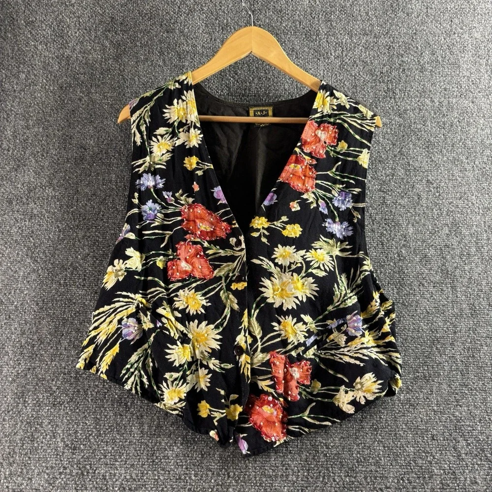 Vintage AJ Vest Womens 2X Black Beaded Retro 90s Boho Grunge